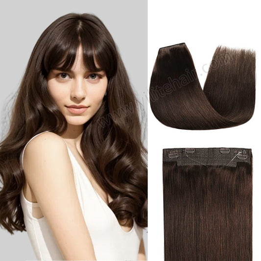 Model showcasing wire extensions in color #2, and a close-up of the hair extensions    