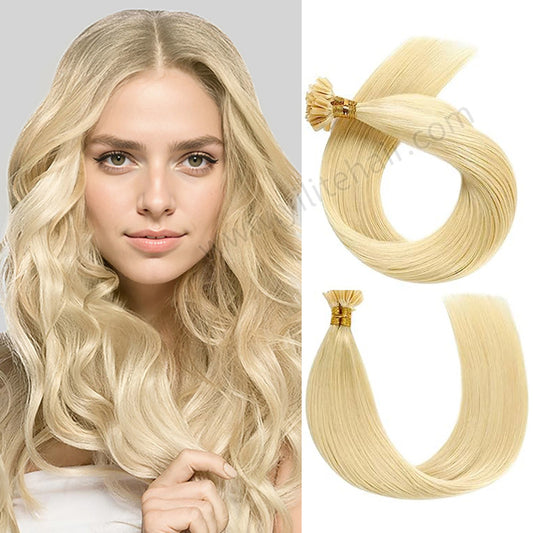 Model wearing Realmhair U Tip hair extensions (#613 Bleach Blonde)