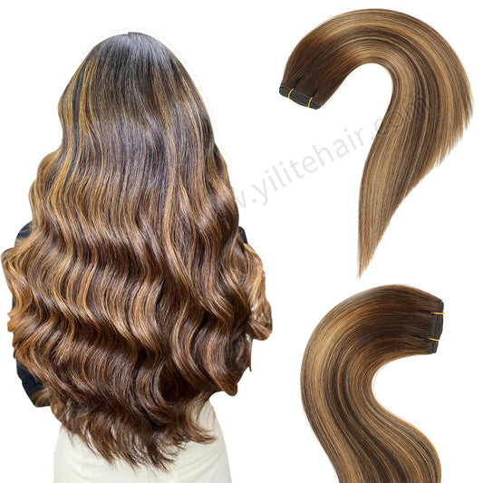 Realmhair #P4/27/T4 sew-in weft hair extensions shown in full back view 