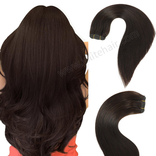 Realmhair #2 Darkest Brown sew-in weft hair extensions shown in full back view