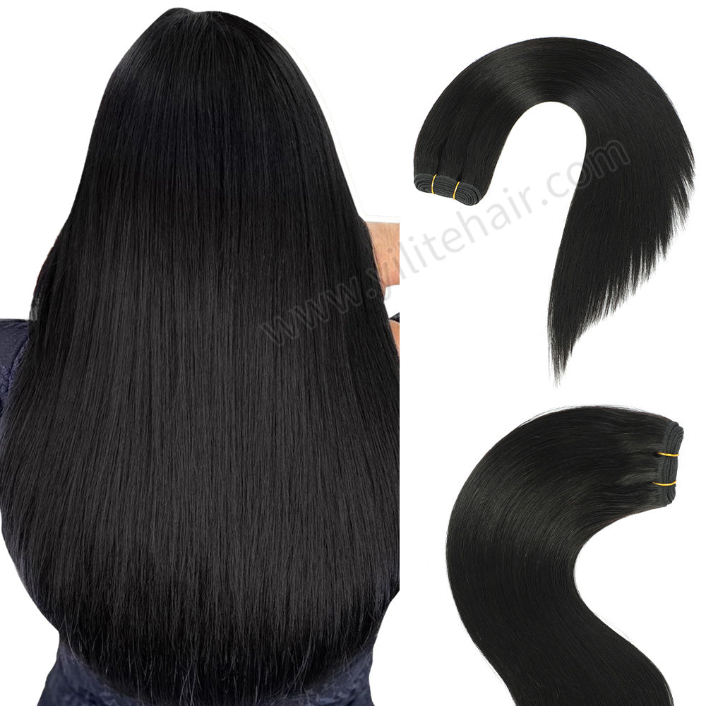 Realmhair #1B Natural Black sew-in weft hair extensions shown in full back view 