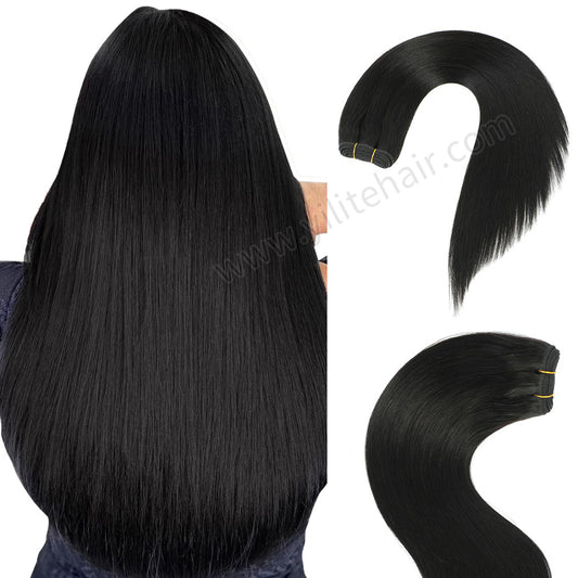 Realmhair #1B Natural Black sew-in weft hair extensions shown in full back view 