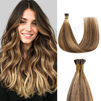 Model wearing I Tip hair extensions (#P4/27)