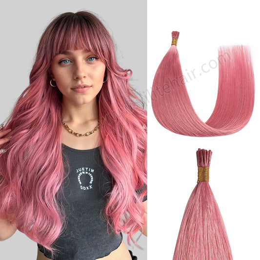 Model wearing hot pink I Tip hair extensions by Realmhair ¨C natural blend and bold color
