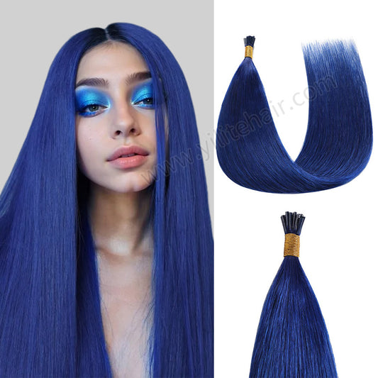 Model wearing I Tip hair extensions (#Blue) 
