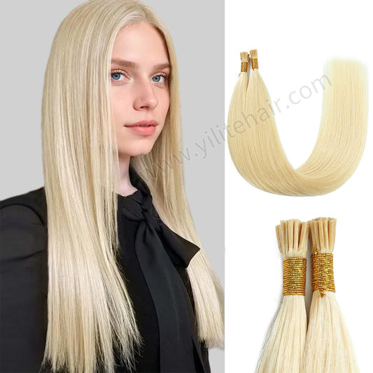 Model wearing Realmhair I Tip hair extensions (#613 Bleach Blonde)