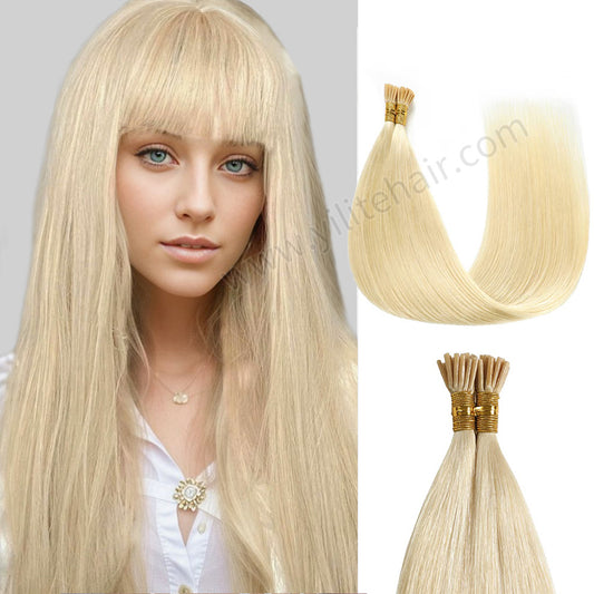 Model wearing Realmhair I Tip hair extensions (#60 Platinum Blonde) 
