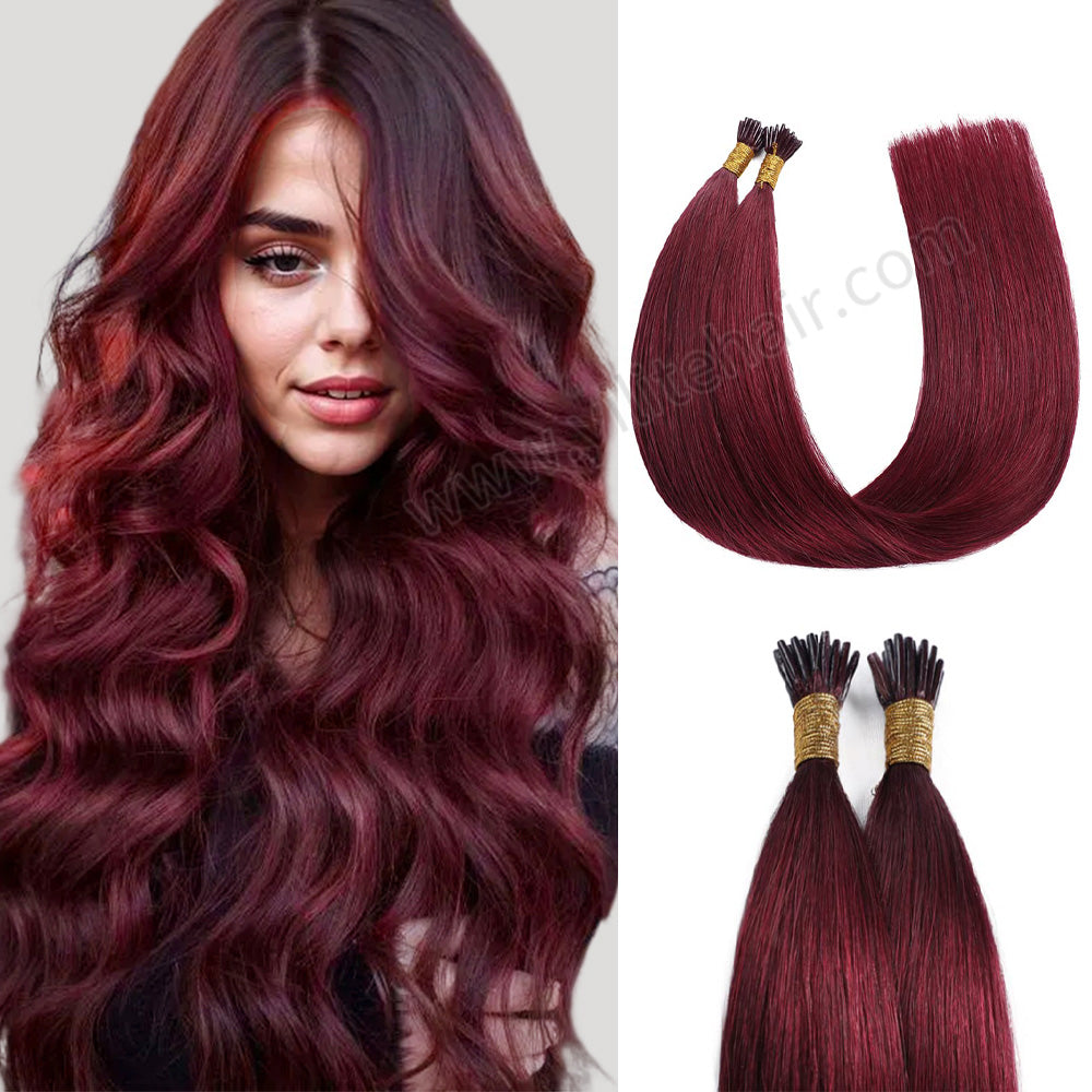 Model wearing Realmhair I Tip hair extensions (#99j Burgundy)