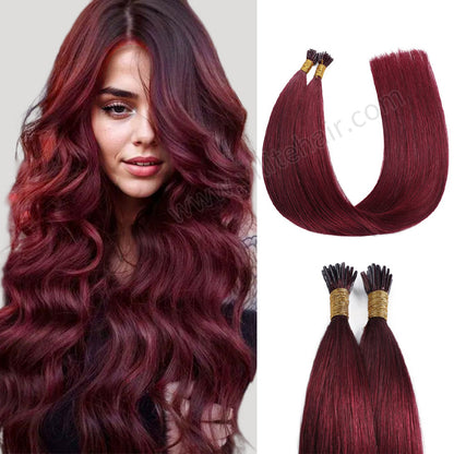 Model wearing Realmhair I Tip hair extensions (#99j Burgundy)