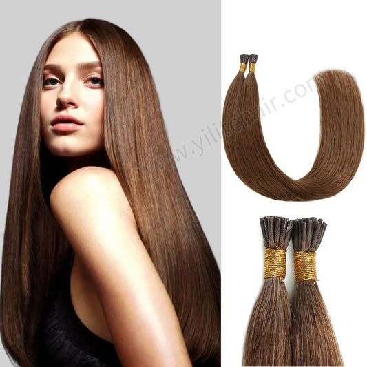 Model wearing Realmhair I Tip hair extensions (#6 Chestnut Brown) 