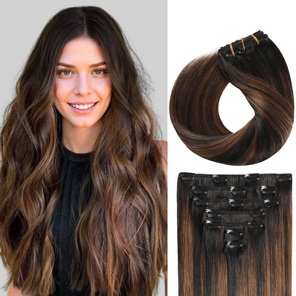 Model showcasing Realmhair classic #P1B/6/T1B clip-in hair extensions 7Pcs 16 Clips