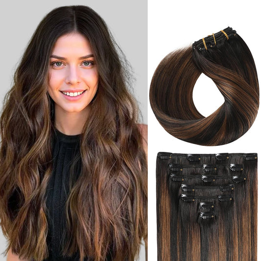 Model showcasing Realmhair classic #P1B/6/T1B clip-in hair extensions 7Pcs 16 Clips