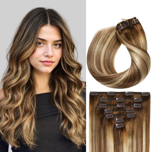 Model wearing #P6/613/T4 classic clip-in hair extensions 7pcs 16 clips