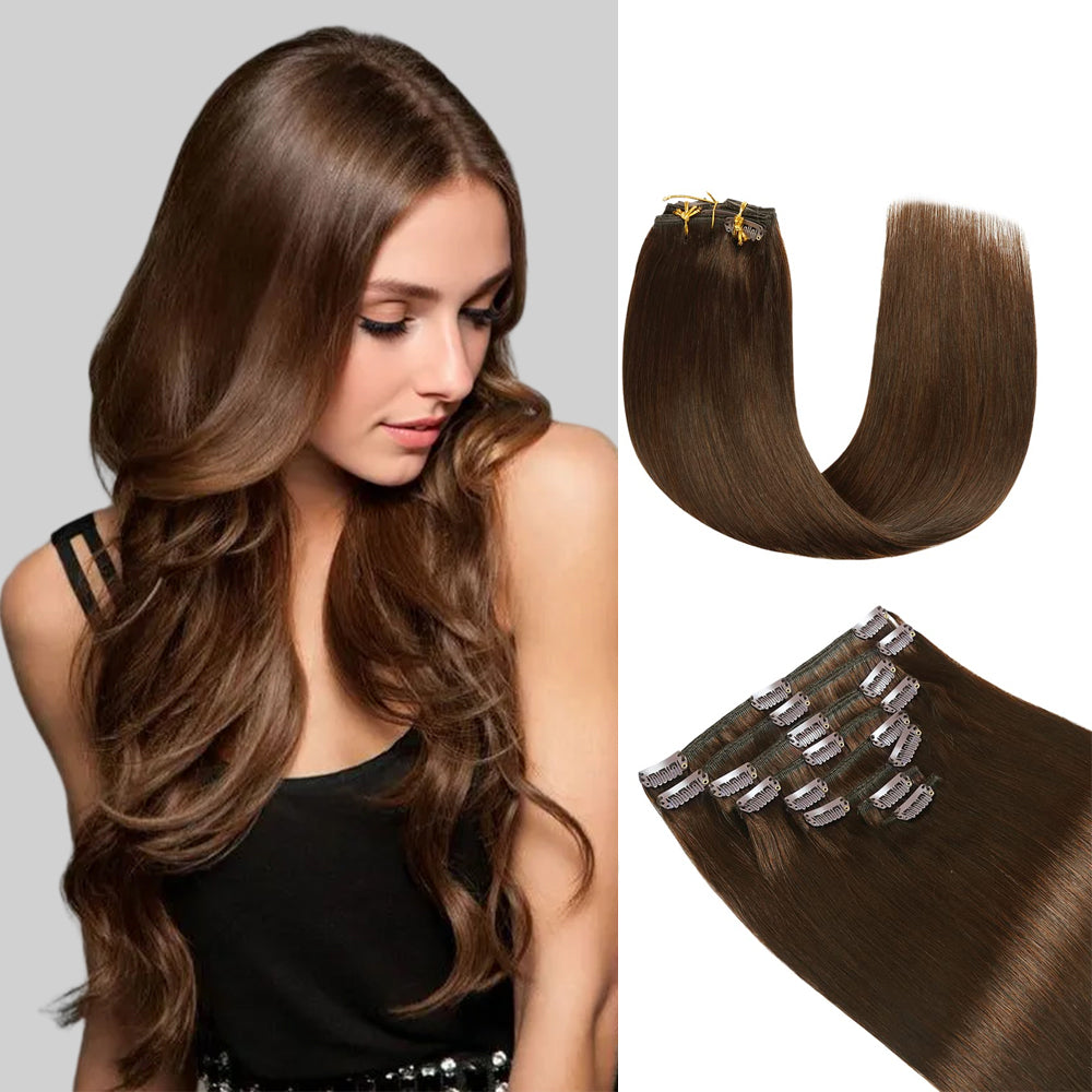 Model wearing  classic clip-in hair extensions 8Pcs 18clips (#4 Medium Brown)
