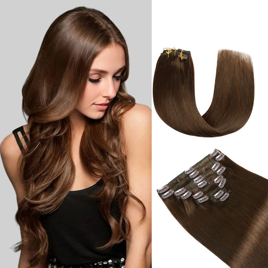 Model wearing  classic clip-in hair extensions 8Pcs 18clips (#4 Medium Brown)