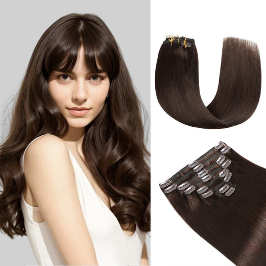 Model wearing classic clip-in hair extensions 8Pcs 18 clips (#2 Darkest Brown)