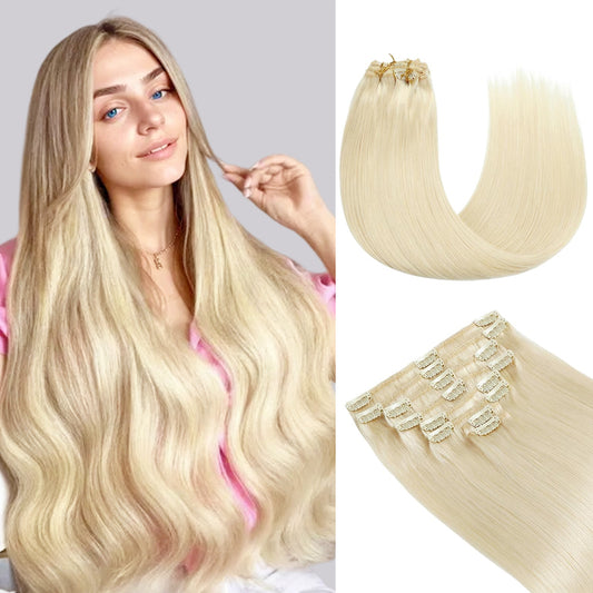 Model wearing  classic clip-in hair extensions 8Pcs 18 clips (#60 Platinum Blonde)