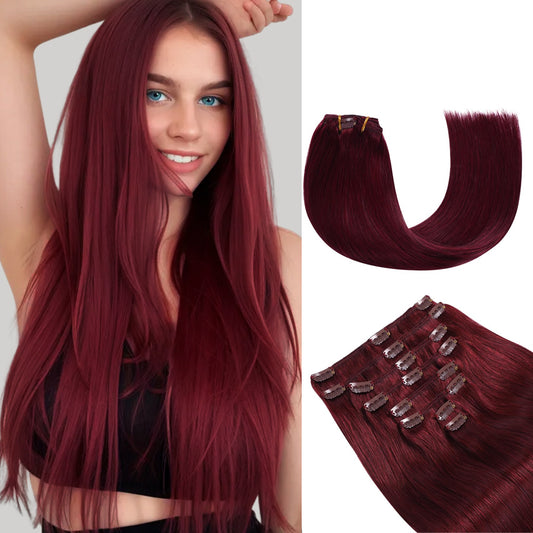 Model wearing classic clip-in hair extensions 8Pcs 18 clips (#99J Burgundy)