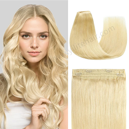Model showcasing wire extensions in color #613 Bleach Blonde, and a close-up of the hair extensions 