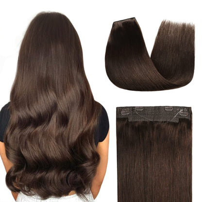 Back view of the model showing wire extensions in color #2, and a close-up of the hair extensions  