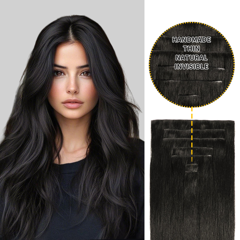 Model wearing seamless clip-in hair extensions invisible clip-ins  7Pcs 16 Clips (#1B Natural Black)