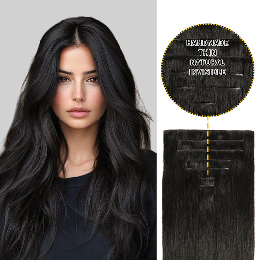 Model wearing seamless clip-in hair extensions invisible clip-ins  7Pcs 16 Clips (#1B Natural Black)
