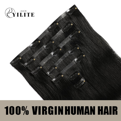 Back view of 7Pcs 16 Clips invisible clip ins  Virgin Human Hair (#1B Natural Black)