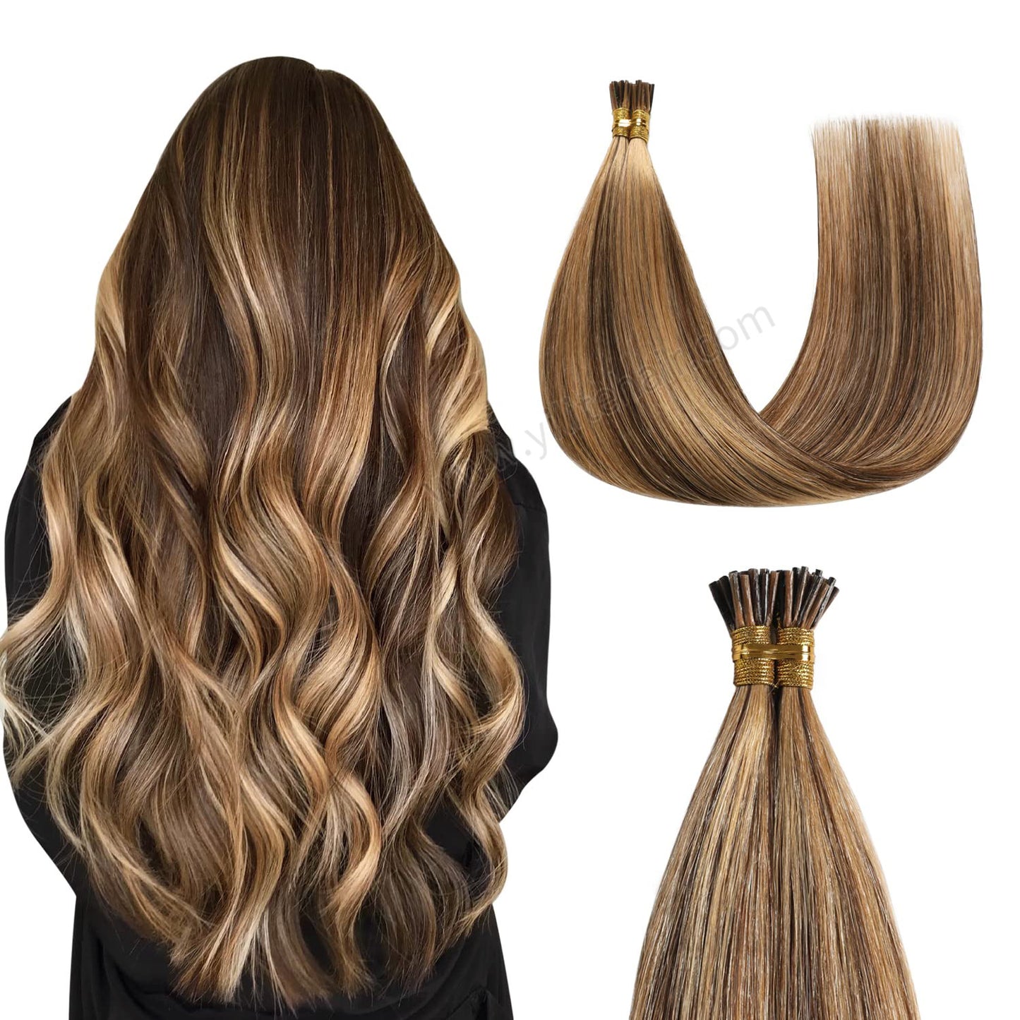 Back view of model wearing Realmhair I Tip hair extensions (#P4/27)