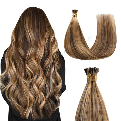 Back view of model wearing Realmhair I Tip hair extensions (#P4/27)