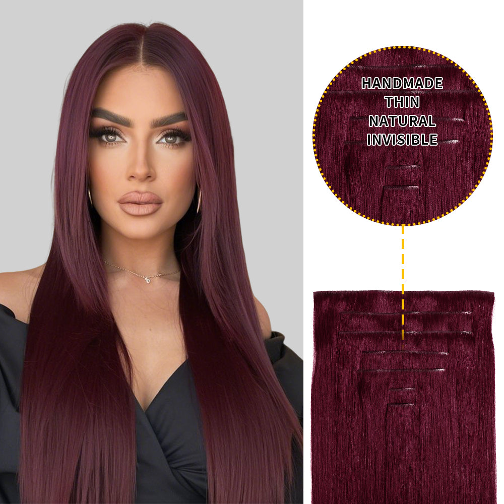 Model wearing seamless clip-in hair extensions invisible clip-ins 7Pcs 16 Clips (#99J Burgundy)