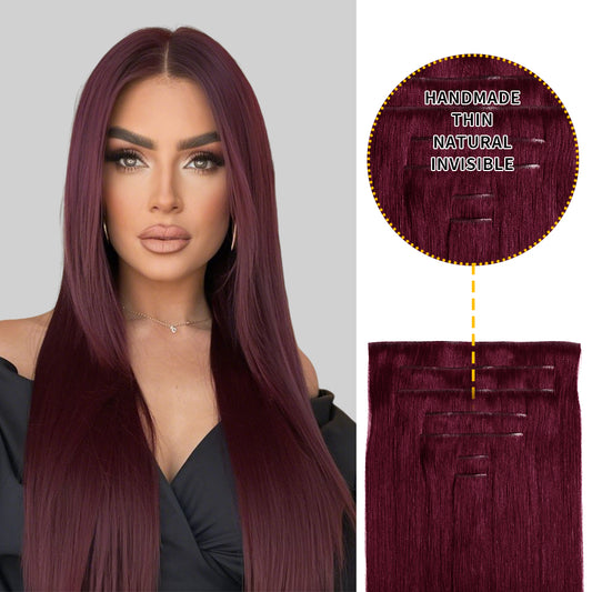Model wearing seamless clip-in hair extensions invisible clip-ins 7Pcs 16 Clips (#99J Burgundy)