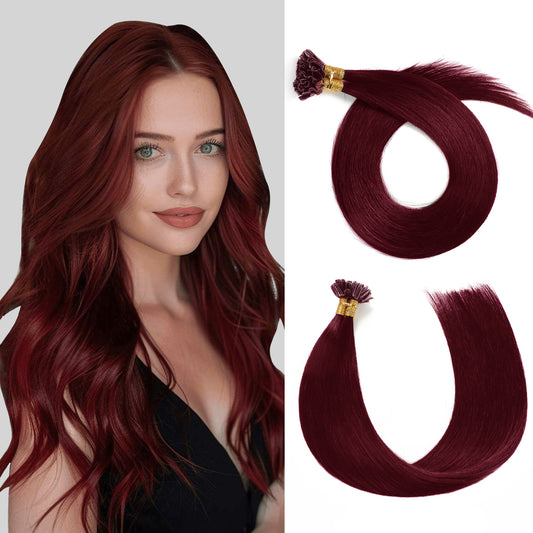 Model wearing Realmhair U Tip hair extensions (#99J Burgundy)