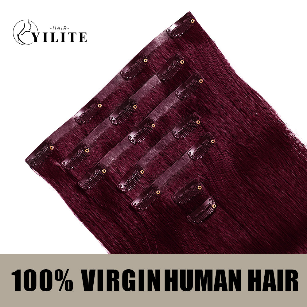 Back view of 7Pcs 16 Clips invisible clip ins  Virgin Human Hair (#99J Burgundy)