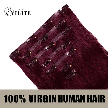 Back view of 7Pcs 16 Clips invisible clip ins  Virgin Human Hair (#99J Burgundy)