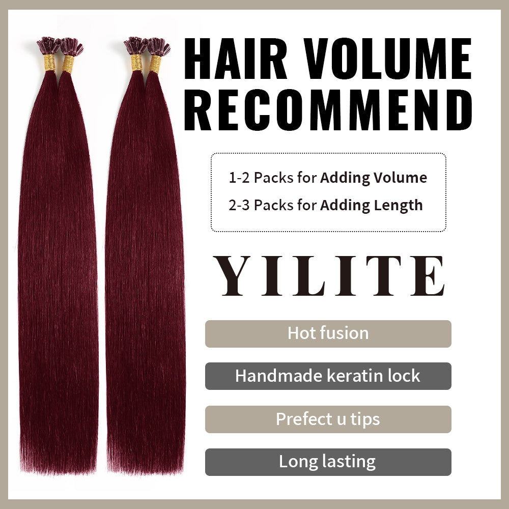 Realmhair U Tip hair extensions with hair volume recommendation (#99J Burgundy)