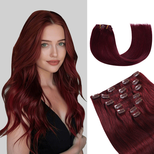 Model wearing  classic clip-in hair extensions 7Pcs 16 clips (#99J Burgundy)