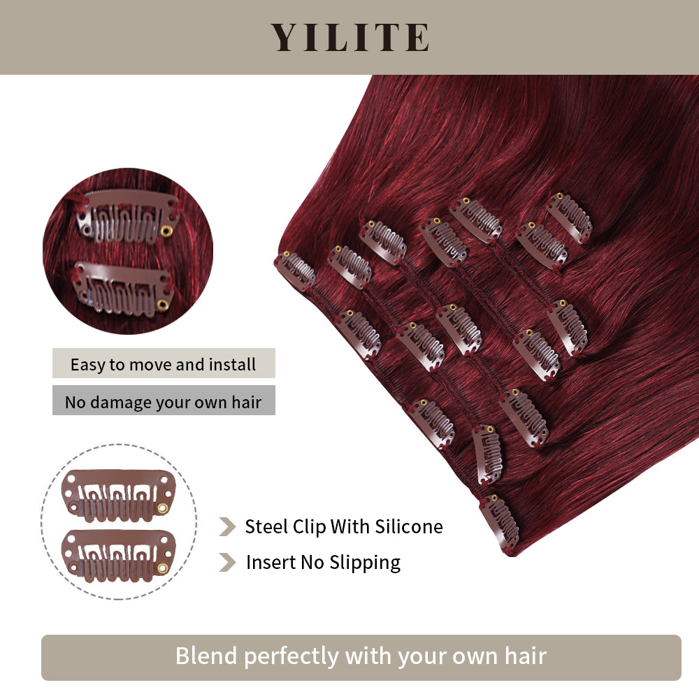 Close-up of seamless clips on #99J Burgundy clip-in human hair extensions 7Pcs 16 clips  