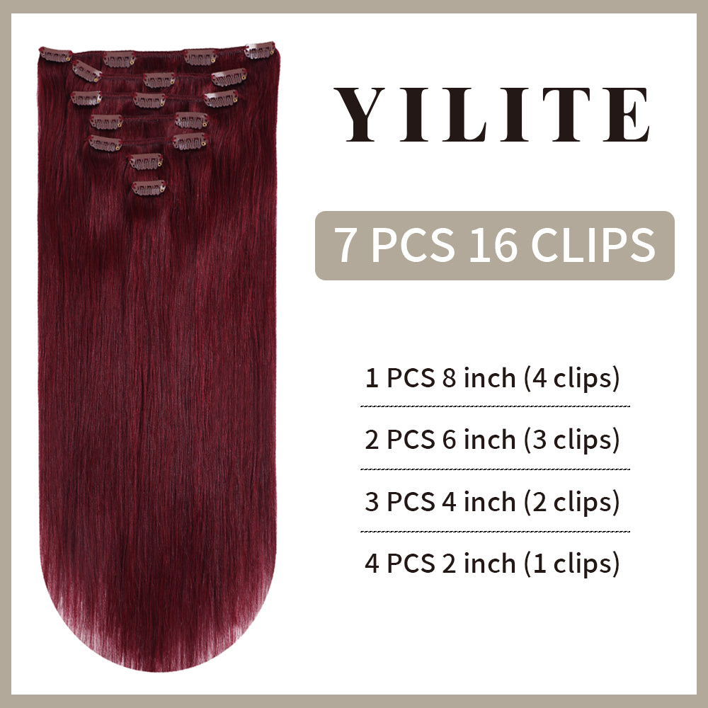 Realmhair clip-in extensions 7Pcs 16 clips layout with size and clip count (#99J Burgundy)