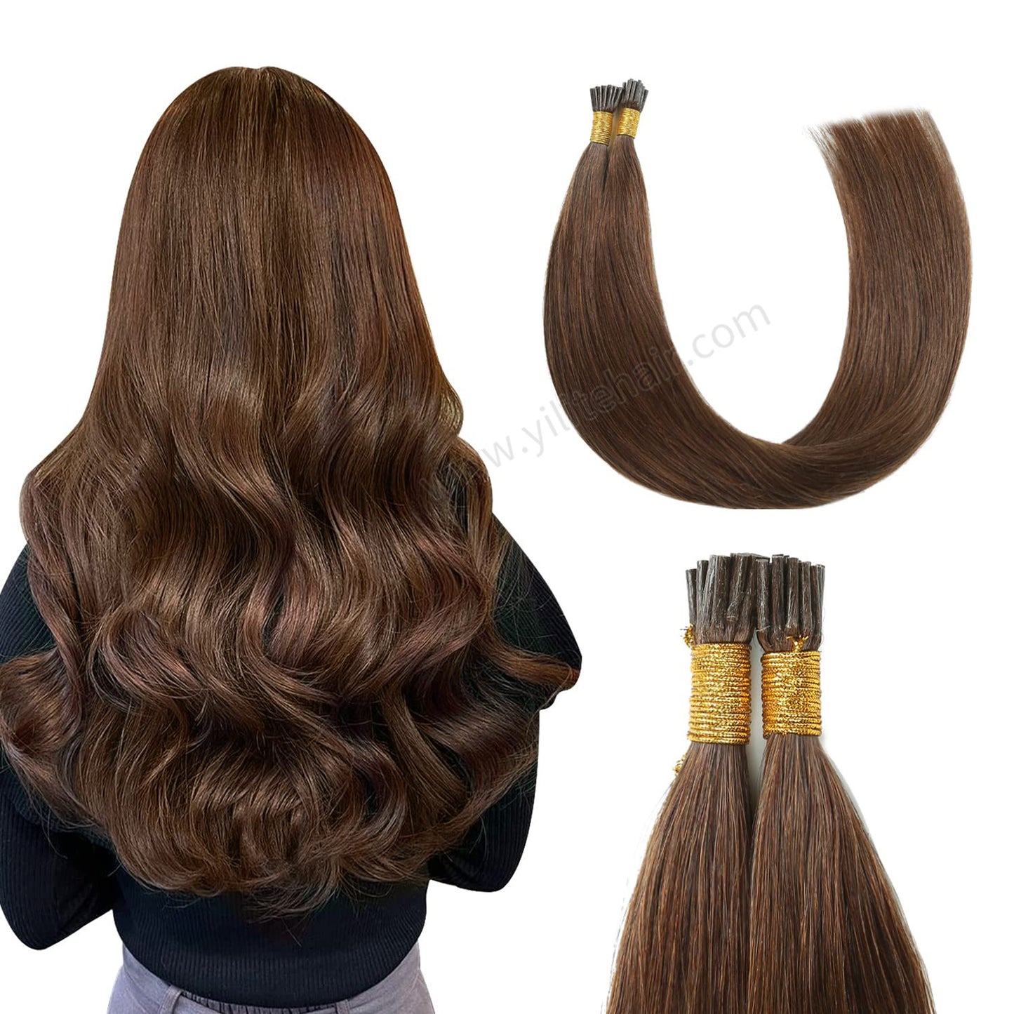 Back view of model wearing Realmhair I Tip hair extensions (#4 Chocolate Brown)