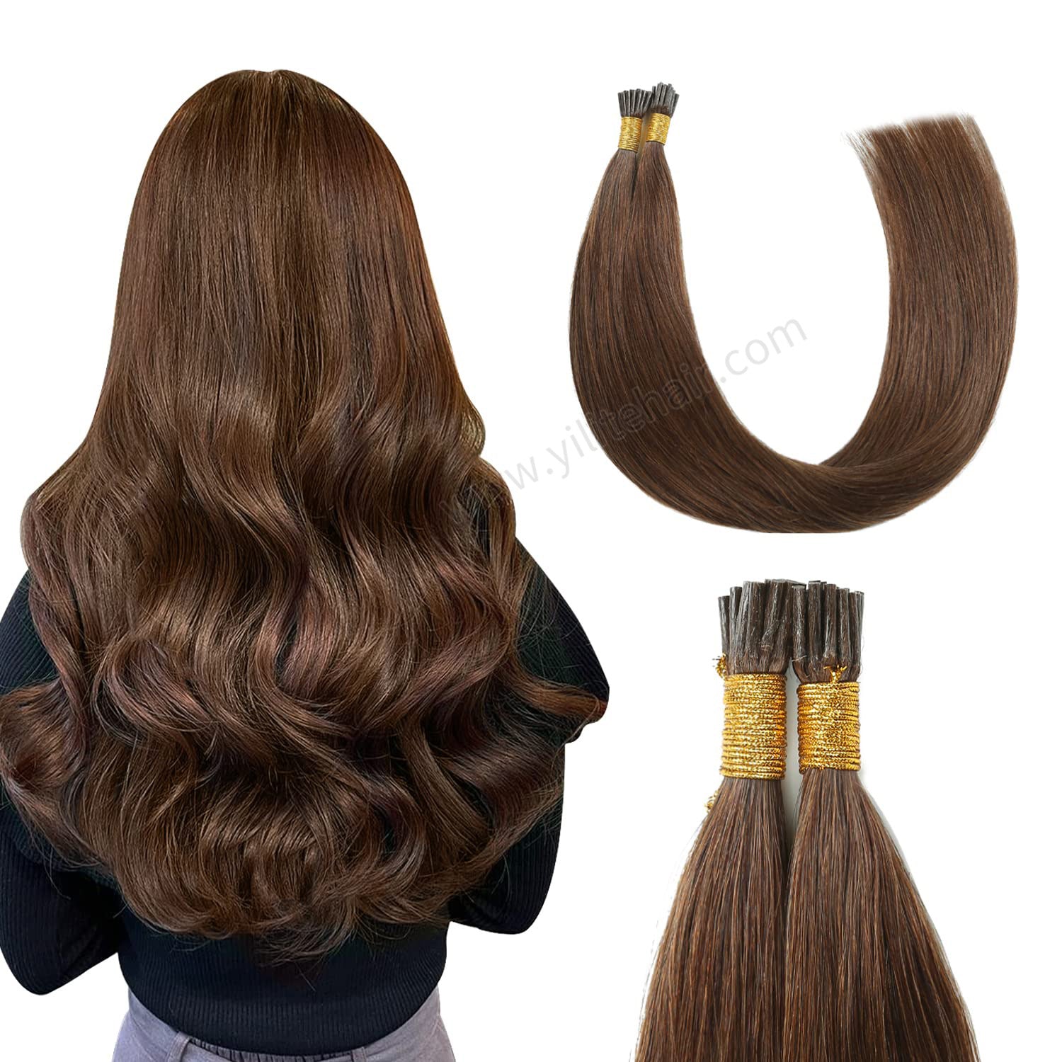 Back view of model wearing Realmhair I Tip hair extensions (#4 Chocolate Brown)