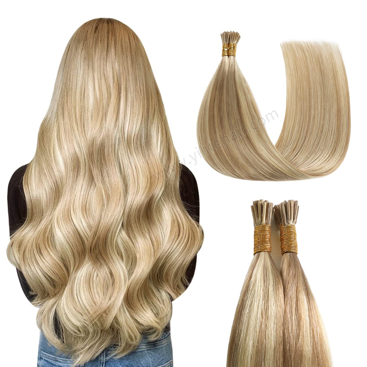 Back view of model wearing Realmhair I Tip hair extensions (#P18/613)