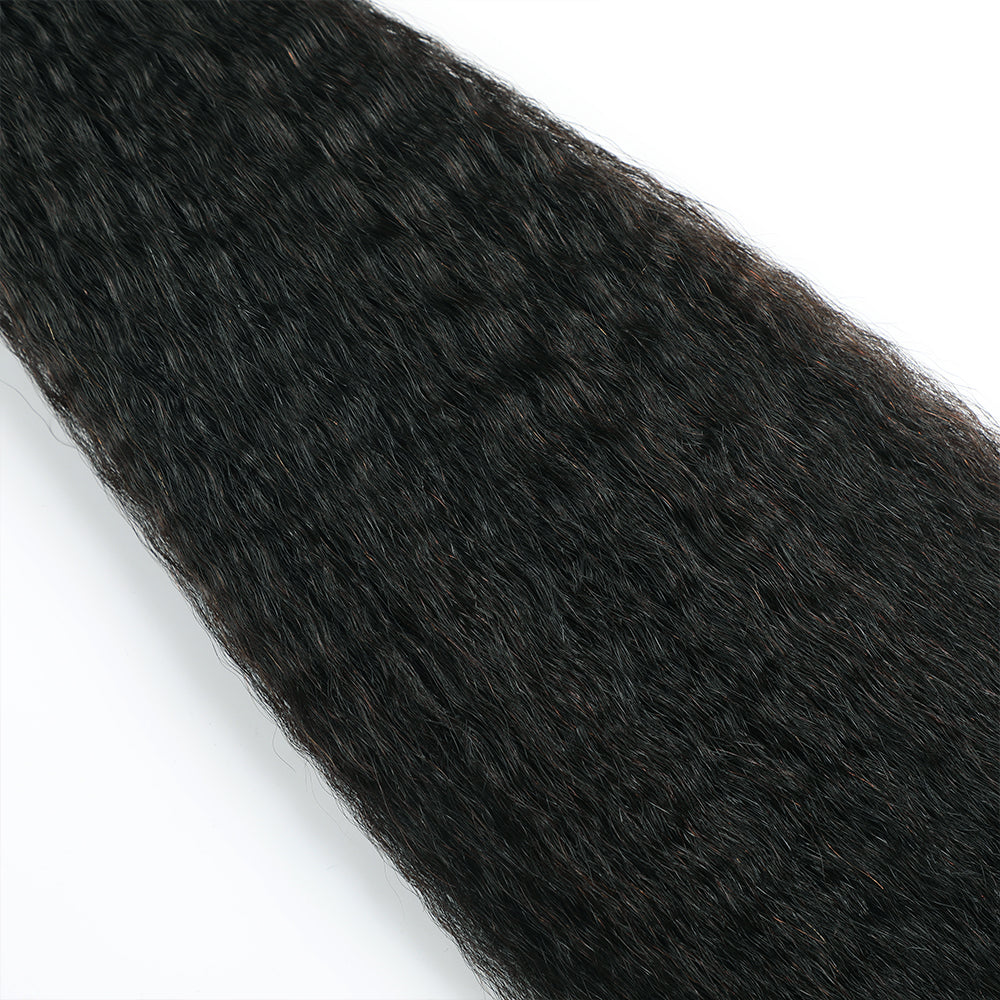 Close-up of Realmhair Kinky Seamless Injected Invisible Tape-In Hair Extensions (#1 Jet Black)