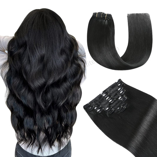 Back view of clip in hair extensions human hair 8Pcs 18 Clips (#1 Jet Black)