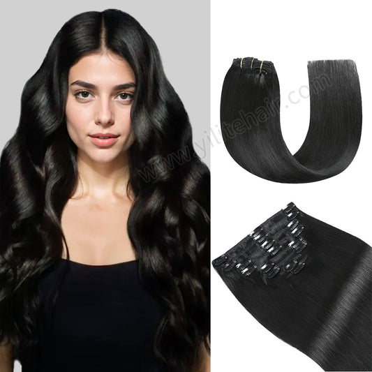 Model wearing classic clip-in hair extensions 8Pcs 18 clips (#1 Jet Black)