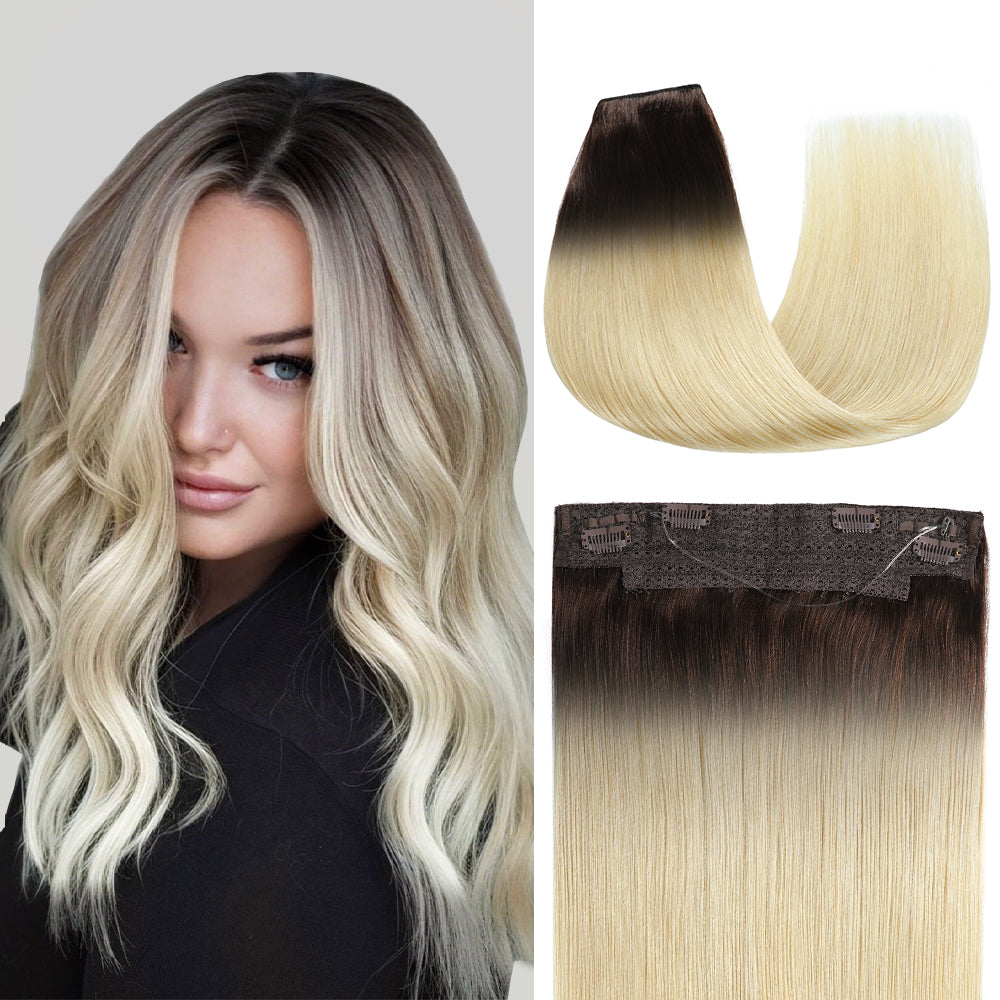  Model showcasing wire extensions in color #T2/60, and a close-up of the hair extensions  
