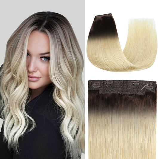  Model showcasing wire extensions in color #T2/60, and a close-up of the hair extensions  